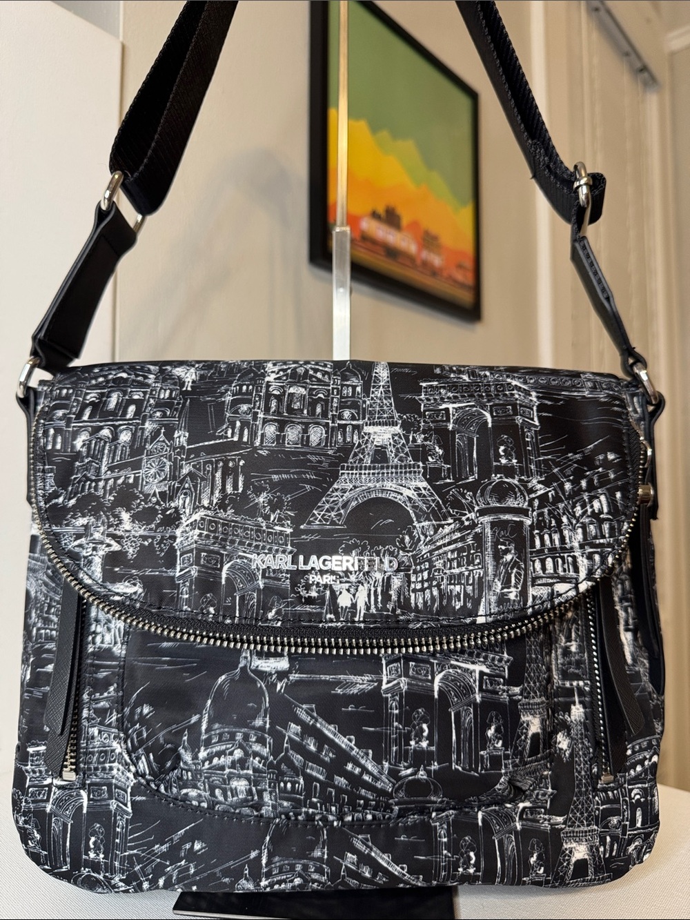Karl Lagerfeld Paris Cara Flap Messenger Crossbody Bag Skyline Print - Picture 4 of 10